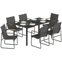 Outsunny 7 Pieces Outdoor Dining Set for 6, Glass Patio Table and Chairs with Decorative Armrests, All Weather Mesh, Black(m-9)