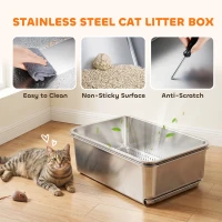 PawHut Stainless Steel Litter Box, XL Sifting Cat Litter Box for Medium and Large Cat, Non-Sticky, Odour Free, Easy Clean(m-6)