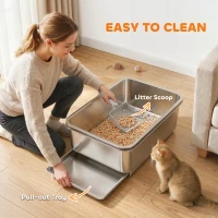 PawHut Stainless Steel Litter Box, XL Sifting Cat Litter Box for Medium and Large Cat, Non-Sticky, Odour Free, Easy Clean(m-7)