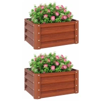 Outsunny Galvanized Raised Garden Beds, Outdoor Planter Box, Set of 2, for Flowers, Herbs and Vegetables, Dark Brown Wood Effect(m-9)