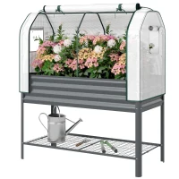 Outsunny Galvanised Raised Garden Bed with Greenhouse Cover, Metal Elevated Planter Box with Bed Liner, Bottom Shelf, Dark Grey(m-2)