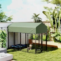PawHut 8' x 4' x 6' Outdoor Dog Kennel, Dog Kennel Outside Run with 360° Rotating Bowls, Waterproof & UV Resistant Cover Green(m-8)