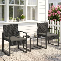 Outsunny Outdoor Bistro Set, 3 Piece Wicker Patio Furniture Set with Glass Top Table and Cushions for Porch, Balcony, Dark Grey(m-1)