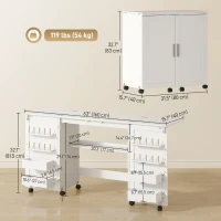 HOMCOM Folding Craft Table, Rolling Sewing Machine Table with Magnetic Doors, Bins, Pegs, Storage Shelf, Lockable Wheels, White(m-3)