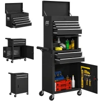 HOMCOM Large Tool Cabinet, 3-in-1 Rolling Tool Chest, Detachable Tool Storage Organizer with 6 Drawers and Pegboard, Black(m-9)
