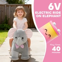 Qaba 6V Kids Ride on Toy, Ride on Horse Elephant with Music, Soft Touch, Silent PU Wheels, Forward, for 1.5-5 Years(m-4)
