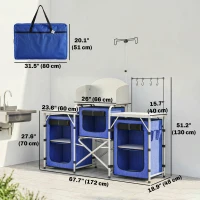 Outsunny Aluminum Camping Kitchen, Portable Folding Camping Table with Fabric Cupboards, Windshield, Bag for BBQ, Picnic, Blue(m-3)