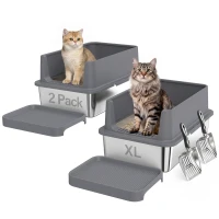 PawHut 2 Pack XL Stainless Steel Litter Box, Metal Cat Litter Box High Sided with Tracking Step & Stainless Steel Scoops(m-11)