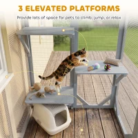 PawHut 44.1" H Cat Cage, Indoor Outdoor Wooden Enclosure Pet House, Small Animal Cage Hutch, Suitable for Rabbit, Dogs, Kitten, Crate Kennel with Waterproof Roof, Multi-Level Platforms, Lock, Grey(m-6)