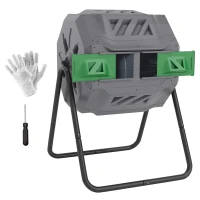 Outsunny Tumbling Compost Bin Outdoor Dual Chamber 360° Rotating Composter 43 Gallon with Sliding Doors, Dark Green(m-9)