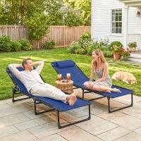 Outsunny 2 Folding Chaise Lounge Pool Chairs with 4-Position Reclining Back, Pillow, Breathable Mesh & Bungee Seat, Blue(m-8)