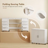 HOMCOM Folding Craft Table, Rolling Sewing Machine Table with Magnetic Doors, Bins, Pegs, Storage Shelf, Lockable Wheels, White(m-4)