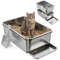 PawHut Stainless Steel Litter Box, XL Sifting Cat Litter Box for Medium and Large Cat, Non-Sticky, Odour Free, Easy Clean(m-13)