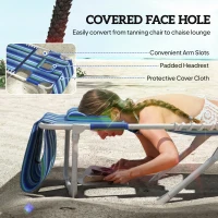 Outsunny Tanning Chair with Face Hole and Side Table, Folding Outdoor Lounge Chair with Carry Straps, Side Pocket, Blue Stripe(m-5)