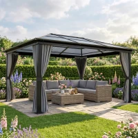 Outsunny 12' x 15' Hardtop Gazebo Canopy with Polycarbonate Roof, Aluminum Frame, Netting, Curtains and Ceiling Hook, Dark Grey(m-1)