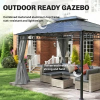 Outsunny 10' x 12' Outdoor Hardtop Gazebo Canopy w/ Double PC Roof, Steel Frame, Nettings, Curtains for Garden Lawn Deck, Grey(m-6)