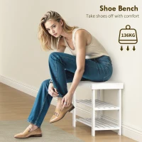 HOMCOM Bamboo Shoe Storage Bench, 3-Tier Entryway Bench with 2 Storage Shelves for Hallway, Holds 6 Pairs, White(m-5)