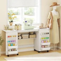 HOMCOM Folding Craft Table, Rolling Sewing Machine Table with Magnetic Doors, Bins, Pegs, Storage Shelf, Lockable Wheels, White(m-1)