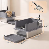PawHut 2 Pack XL Stainless Steel Litter Box, Metal Cat Litter Box High Sided with Tracking Step & Stainless Steel Scoops(m-3)