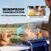 Outsunny Aluminum Camping Kitchen, Portable Folding Camping Table with Fabric Cupboards, Windshield, Bag for BBQ, Picnic, Blue(m-4)