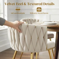 HOMCOM Modern Dining Chairs Set of 2, Velvet-Feel Upholstered Kitchen Chairs with Woven Backrest and Metal Legs, Cream White(m-6)