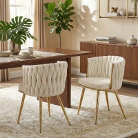 HOMCOM Modern Dining Chairs Set of 2, Velvet-Feel Upholstered Kitchen Chairs with Woven Backrest and Metal Legs, Cream White(m-1)