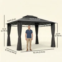 Outsunny 10' x 12' Outdoor Gazebo Canopy, Double Roof Hardtop Gazebo with Polycarbonate Roof, Steel Frame, Nettings and Curtains(m-3)