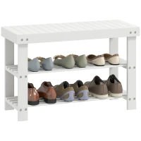 HOMCOM Bamboo Shoe Storage Bench, 3-Tier Entryway Bench with 2 Storage Shelves for Hallway, Holds 6 Pairs, White(m-9)