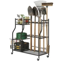 Outsunny Garden Tool Organizer for Garage, 3-Tier Yard Tool Storage Rack with 32 Slots, 4 Wheels and 11 Hooks(m-2)