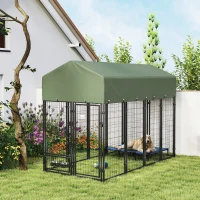 PawHut 8' x 4' x 6' Outdoor Dog Kennel, Dog Kennel Outside Run with 360° Rotating Bowls, Waterproof & UV Resistant Cover Green(m-1)