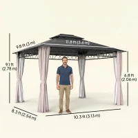 Outsunny 10' x 12' Outdoor Gazebo Canopy, Double Roof Hardtop Gazebo with Polycarbonate Roof, Steel Frame, Nettings and Curtains, for Garden, Lawn, Backyard and Deck, Khaki(m-3)