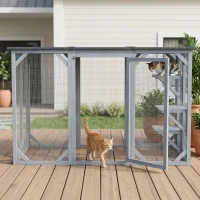 PawHut 44.1" H Cat Cage, Indoor Outdoor Wooden Enclosure Pet House, Small Animal Cage Hutch, Suitable for Rabbit, Dogs, Kitten, Crate Kennel with Waterproof Roof, Multi-Level Platforms, Lock, Grey(m-10)