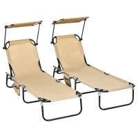 Outsunny 2 Piece Folding Outdoor Chaise Lounges, Pool, Sun, Tanning Chairs with Reclining Back, Sunshade for Beach, Patio, Tan(m-9)