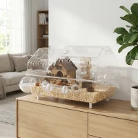 PawHut Hamster Cage with Large Wheel & Hideout, Small Animal Habitat with Accessories, Clear Pet House, 21.5" x 11.8" x 12.6",(m-2)