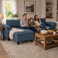 HOMCOM Sectional Sofa, L Shaped Couch with Deep Seat, Movable Ottoman and Pillow-top Armrests, Blue
