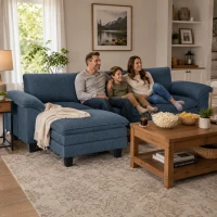 HOMCOM Sectional Sofa, L Shaped Couch with Deep Seat, Movable Ottoman and Pillow-top Armrests, Blue(m-1)