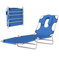 Outsunny Folding Lounge Chair Outdoor, Tanning Chair with Face Hole Arm Slots, Beach Chaise Lounger with Pillow, 5-Position Adjustable Portable Sun Lounger Bed for Pool, Blue(m-11)