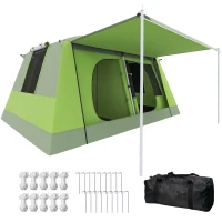 Outsunny Tunnel Tent Camping Shelter w/ Porch, Two Rooms, Lamp Hook, Portable Carry Bag, Green(m-9)