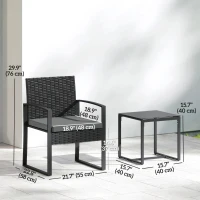 Outsunny Outdoor Bistro Set, 3 Piece Wicker Patio Furniture Set with Glass Top Table and Cushions for Porch, Balcony, Dark Grey(m-3)