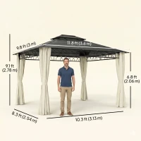 Outsunny 10' x 12' Outdoor Gazebo Canopy, Double Roof Hardtop Gazebo with Polycarbonate Roof, Steel Frame, Nettings and Curtains(m-3)