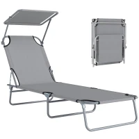 Outsunny Outdoor Lounge Chair, Adjustable Folding Chaise Lounge, Tanning Chair with Sun Shade for Beach, Camping, Hiking, Backyard, Light Grey(m-13)