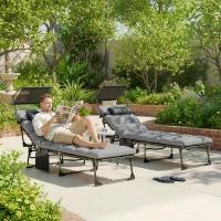 Outsunny Outdoor Chaise Lounge Chairs, 2 PCS Folding Lounge Chairs with Adjustable 5-Position, Cushion, Canopy, Side Pocket(m-1)
