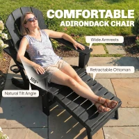 Outsunny Folding Adirondack Chair Set of 2, HDPE Fire Pit Chair with Retractable Ottoman and Cup Holder, Black(m-5)