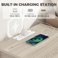 HOMCOM End Table Set of 2 with Charging Station, Bed Side Tables Set with Drawer, Storage Shelf for Living Room, Natural Wood(m-4)