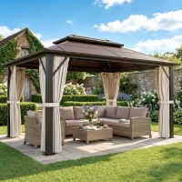 Outsunny 10' x 13' Hardtop Gazebo Canopy with UPF30+ Double Polycarbonate Roof, Aluminum Frame, Netting and Curtains, Beige(m-1)
