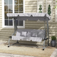 Outsunny Outdoor 3-Seater Patio Swing Chair, Outdoor Swing Seat, with Adjustable Canopy and Two Pillows for Garden, Light Grey