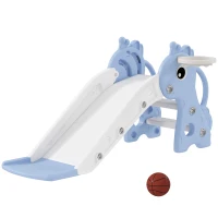Qaba 3 in 1 Toddler Slide for Age 1-3, Kids Slide with Climber, Basketball Hoop and Ball, Giraffe Design, Blue(m-9)