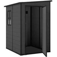 Outsunny 4'x5' Garden Storage Shed, Lean to Shed, Lockable Garden Tool Storage House with Window, Vent, Dark Grey(m-2)
