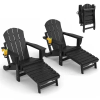 Outsunny Folding Adirondack Chair Set of 2, HDPE Fire Pit Chair with Retractable Ottoman and Cup Holder, Black(m-11)