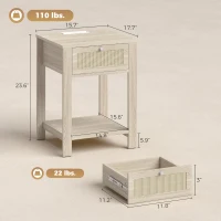 HOMCOM End Table Set of 2 with Charging Station, Bed Side Tables Set with Drawer, Storage Shelf for Living Room, Natural Wood(m-3)